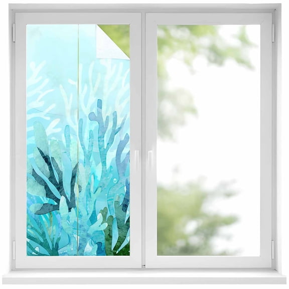 Blue Gradient Coral Window Privacy Film, Ocean Coastal Sea Watercolor Coral Frosted Glass Window Clings Static Cling UV Heat Blocking Reusable Door Sticker for Bathroom 17.7 x 39.3 Inch