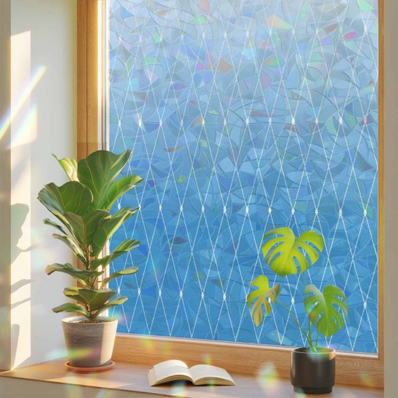 Blue Gradient Diamond Geometric Window Privacy Film, Rainbow Film Decorative Window Sticker 17.7x39.3in, White Line Sun Blocking Static Stained Glass Cling Tint Non-Adhesive