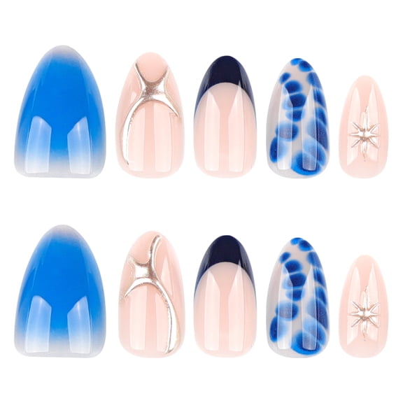 Blue Gradient Geometric Star Spotted Press on Nails, Medium Almond Glossy False Nails, 24 Count