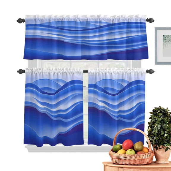 Blue Gradient Kitchen Curtains Valances 3 Piece Set, Fluid Wave Art Rod Pocket Tier Curtain and Valance Drapes for Small Window 24 Inch Length for Bedroom Cafe