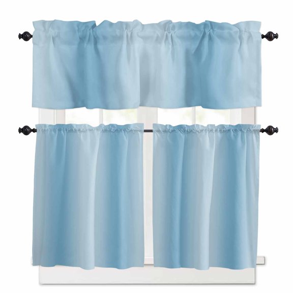Blue Gradient Kitchen Curtains Valances and Tiers Set of 3, 36 Inch Length Tier Curtains and Valance Rod Pocket Valance Curtains Set for Kitchen Bathroom Small Windows