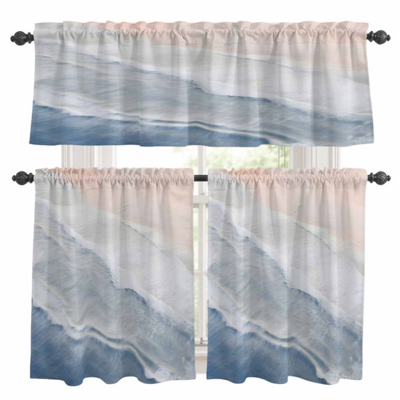Blue Gradient Kitchen Curtains Valances and Tiers Set of 3 Sea Waves Sandy Beach Coastal Scenery Tier Curtains and Valance with Rod Pocket for Small Windows, 27.5"x24"