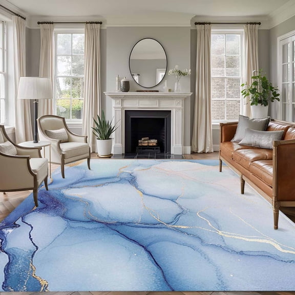 Blue Gradient Marble 5x7 Rug for Living Room Sofa and Coffee Table Layout, Modern Abstract Washable Non Slip Rectangle Area Rug