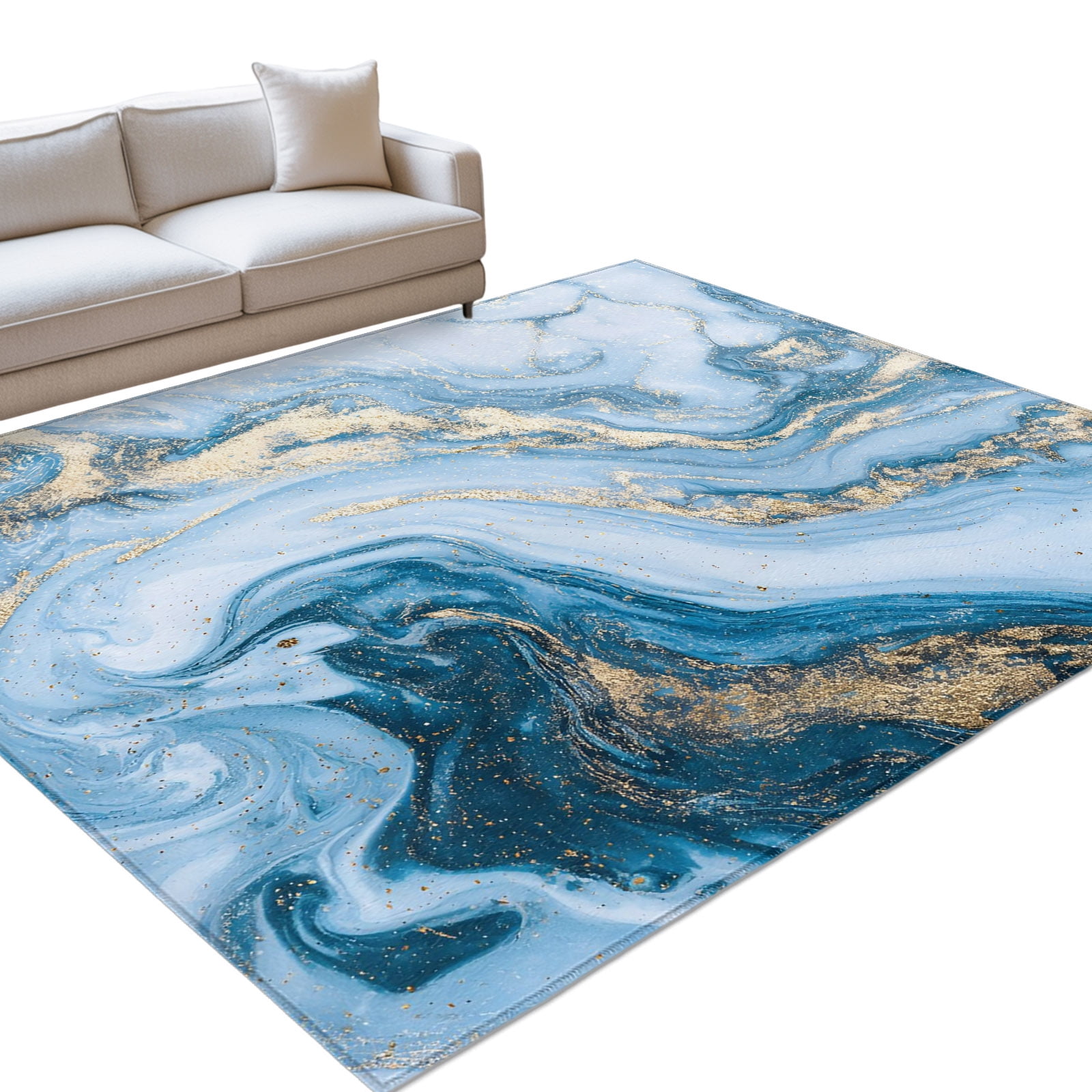 Blue Gradient Marble 5x7ft Non Slip Area Rug Abstract Gold White Ombre ...