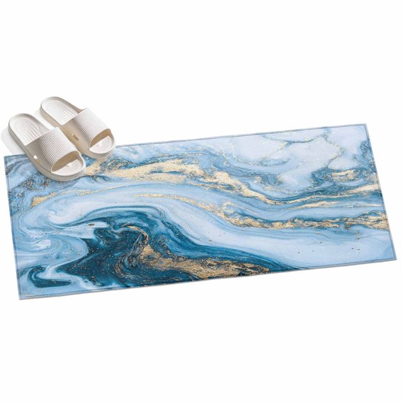 Blue Gradient Marble Area Rug, Abstract Gold White Ombre Wave Texture Non-Slip Felt Rubber Backing Rectangle Indoor Carpet Washable Rugs for Living Room Bedroom 2x6ft