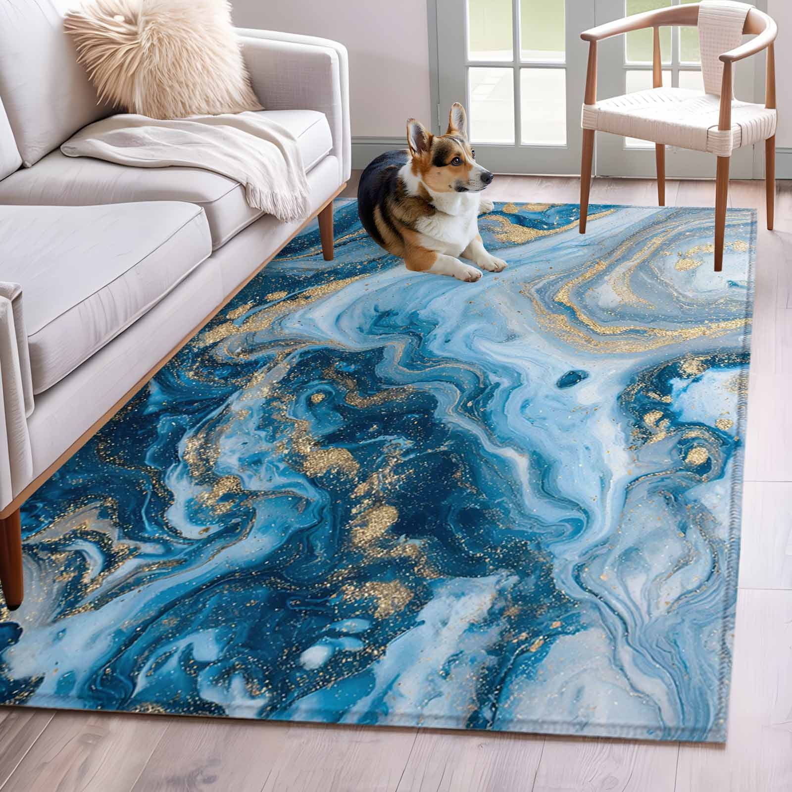 Blue Gradient Marble Area Rugs 3x5 ft Abstract Gold Ombre Wave Rock ...