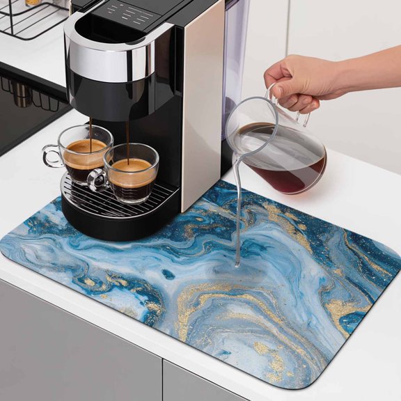 Blue Gradient Marble Dish Drying Mats for Kitchen Counter, Abstract Gold Ombre Wave Rock Texture Absorbent Coffee Bar Mat with Non-slip Rubber Backed Quick Drying Dish Rack Pad 12"x16"