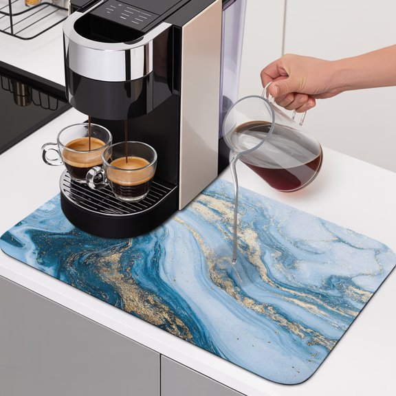 Blue Gradient Marble Dish Drying Mats for Kitchen Counter, Abstract Gold White Ombre Wave Texture Absorbent Coffee Bar Mat with Non-slip Rubber Backed Quick Drying Dish Rack Pad 12"x16"