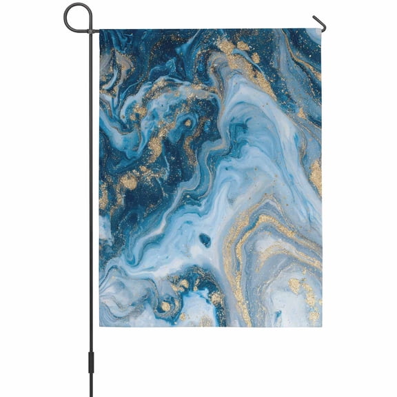 Blue Gradient Marble Garden Flag 12 x 18 Inches, Abstract Gold Ombre Wave Rock Texture Weather Proof Outdoor Patio Flags Double Sided Small Garden Decoration for Yard Outside Home