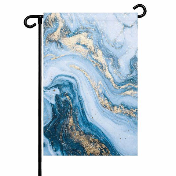 Blue Gradient Marble Garden Flag 12x18 Inch Abstract Gold White Ombre Wave Texture Double Sided Small Decorative Garden Flags for Outside, Outdoor Yard Porch Lawn Decoration