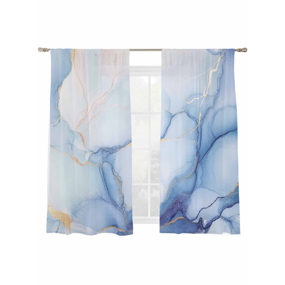 Blue Gradient Marble Sheer Curtains 2 Panels Set Modern Abstract Sheer Window Curtains Light Filtering Rod Pocket Voile Drapes for Bedroom Living Room 52"X72"
