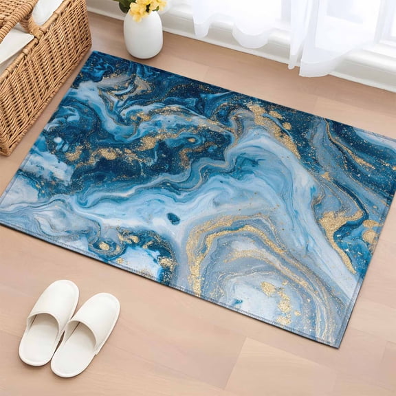 Blue Gradient Marble Washable Small Entryway Area Rugs 2'x3', Abstract Gold Ombre Wave Rock Texture Low Pile Throw Rug Non-Slip Sturdy Edge Binding Carpet for Front Door Floor Room Entry