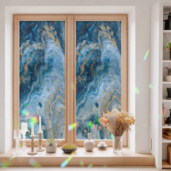 Blue Gradient Marble Window Privacy Film Abstract Gold Ombre Wave Rock Texture Static Cling Stained Glass Window Film Non-Adhesive Decorative Decals Rainbow Sticker 23.6"X59"