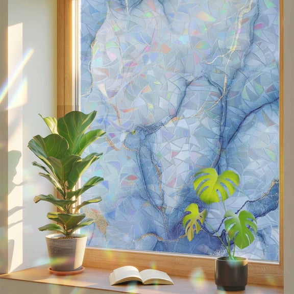 Blue Gradient Marble Window Privacy Film, Modern Abstract Stained Glass Rainbow Film Decorative Window Clings, Static Cling Sun Blocking Stickers 17.7" x 39.3"