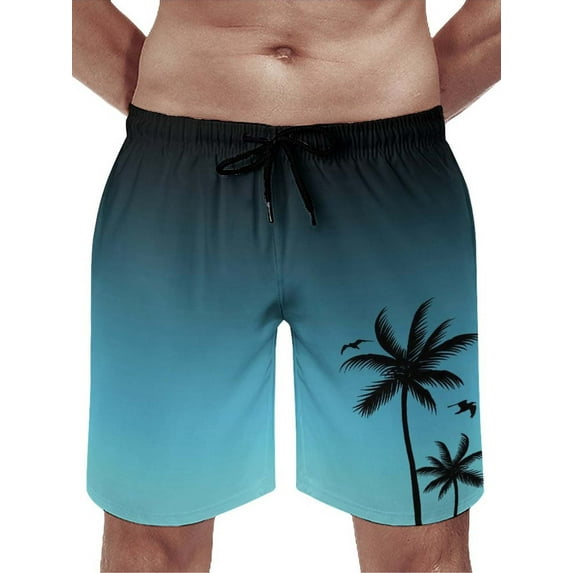 Blue Gradient Mens Swim Trunks Quick Dry Stretch Board Shorts with Soft Mesh Lining Funny Palm Tree Beach Short with Pockets L-XL