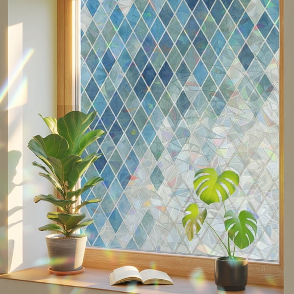 Blue Gradient Mosaic Window Privacy Film, Grid Abstract Color Block Stained Glass Rainbow Film Decorative Window Clings, Static Cling Sun Blocking Stickers 17.7" x 39.3"