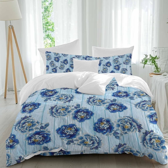 Blue Gradient Peony Flower Duvet Cover Set Full Size, Country Floral Blue Wood Grain 4 Piece Bedding Set with Zipper Closure & Corner Ties Soft Breathable Comforter Cover for Bedroom