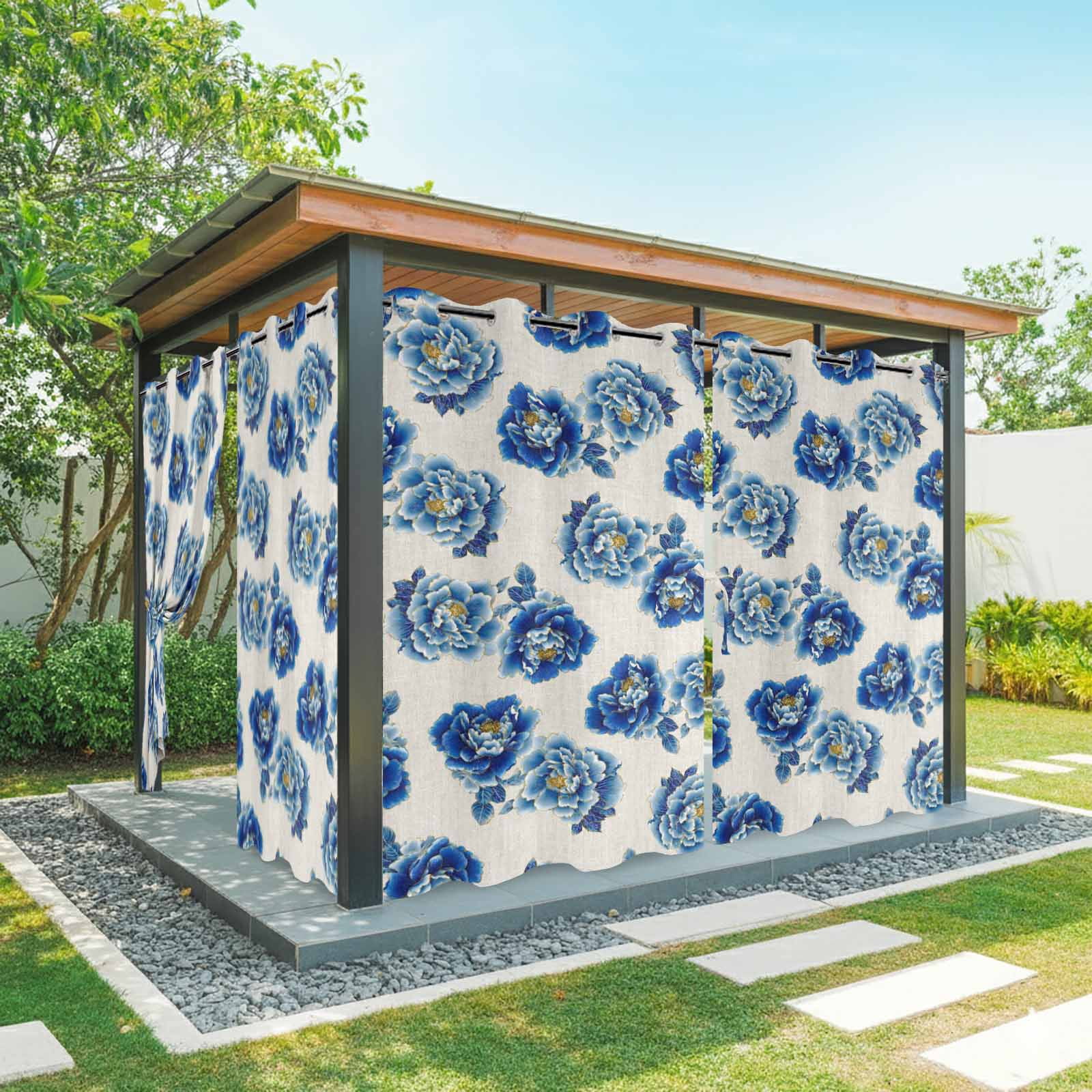 Blue Gradient Peony Flower Outdoor Curtains for Patio, Country Floral Retro Linen Texture Sunshade Privacy Drapes Grommet Waterproof Outside Curtains for Porch/Cabana/Balcony 54"x 95", 2 Panel