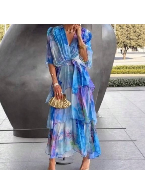 Blue Gradient Print Layered Wrap Maxi Dress With V-Neck And Ruffle Hem