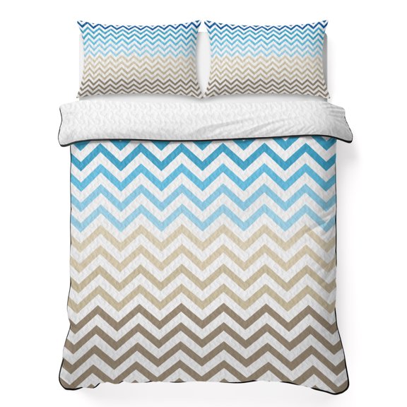 Blue Gradient Ripple Zigzag Chevron 3 Pieces Quilt Set,1 Quilt with 2 Shams,Abstract Geometric Bedspread Soft Lightweight Bedding Coverlet Comforter Set for All Season 90"x96"