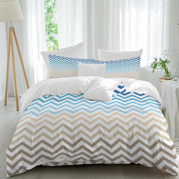 Blue Gradient Ripple Zigzag Chevron Queen Size Bed Set,Abstract Geometric Bedding for All Seasons,4 Pcs Bed Set,1 Quiltcover(90"x92"),1 Sheet(94"x116"),2 Pillowcases(30"x20")