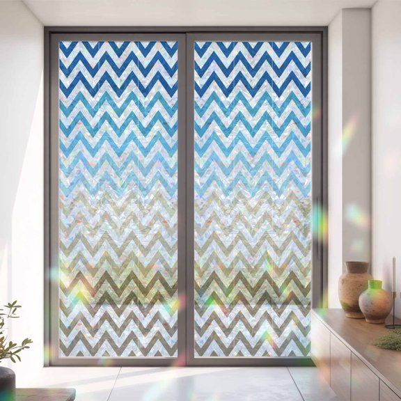 Blue Gradient Ripple Zigzag Chevron Window Privacy Film, Rainbow Film Decorative Window Sticker 35.4x78.7in, Abstract Geometric Sun Blocking Static Stained Glass Cling Tint Non-Adhesive