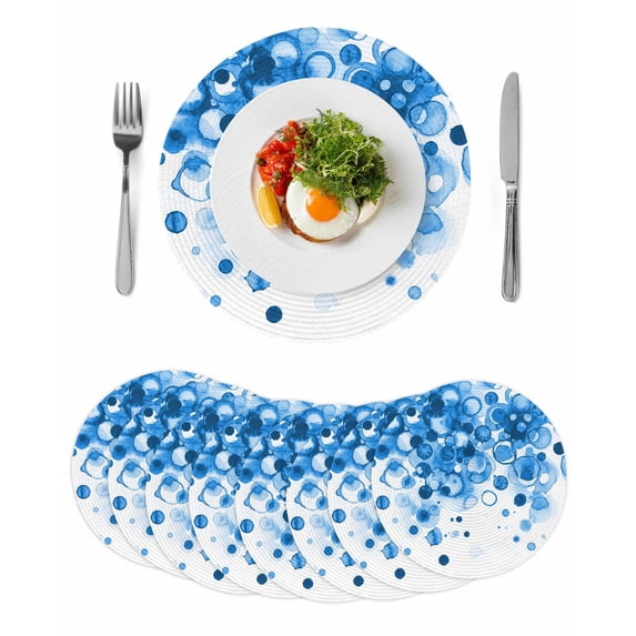 Blue Gradient Round 15 Inch Placemats Set of 8, Abstract Polka Dots Vintage Modern Art HeatResistant Non Slip Place Mats for Dining Table, Wipeable Braided Kitchen Table Mats for Housewarming