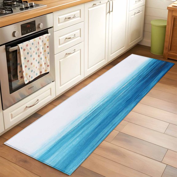 Blue Gradient Runner Rug for Hallway 2x6ft, Ocean Abstract Sea level Waves Modern Art Non Slip Floor Mat Washable Low-Profile Indoor Carpet for Living Room, Bedroom, Dining Room