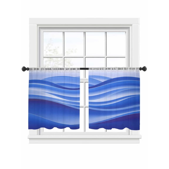 Blue Gradient Sheer Curtains 45 Inch Long 2 Panels, Fluid Wave Art Abstract Modern V Light Filtering Rod Pocket Semi Sheer Curtains, Sheer Voile Drapes for Living Room Bedroom, 52"x45"