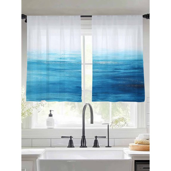 Blue Gradient Sheer Curtains 45 Inches Long 2 Panels Ocean Abstract Sea level Waves Modern Art Light Filtering Semi Sheer Window Curtains Drapes for Bedroom Living Room 52"x45"