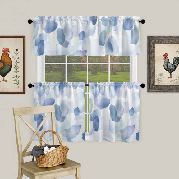Blue Gradient Smudge Art Curtain Tier and Valance Set 3 Piece, Watercolor Abstract Style 3-inch Rod Pocket Window Tier Curtains Valance for Kitchen Living Room