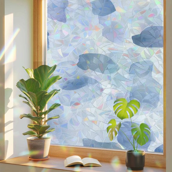 Blue Gradient Smudge Art Window Privacy Film, Rainbow Film Decorative Window Sticker 17.7x39.3in, Watercolor Abstract Style Sun Blocking Static Stained Glass Cling Tint Non-Adhesive
