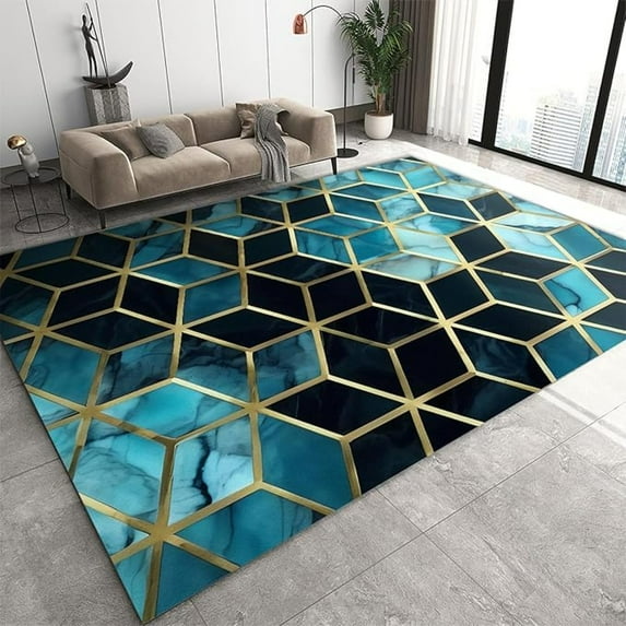 Blue Gradient Square Pattern Area Rug, Simple Fresh Geometry Indoor Non ...