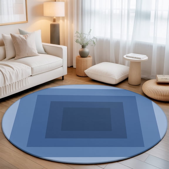 Blue Gradient Squares 3.3' Round Rug for Bedroom Reading Corner, Softness Layers Zen Geometric Washable Non Slip Circle Area Rug
