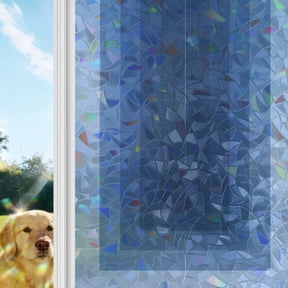 Blue Gradient Squares Rainbow Window Privacy Film, Softness Layers Zen Geometric Stained Glass Window Film, Sun Blocking Glass Clings Static Cling Non Adhesive Door Stickers 17.7 x 39.3 Inches