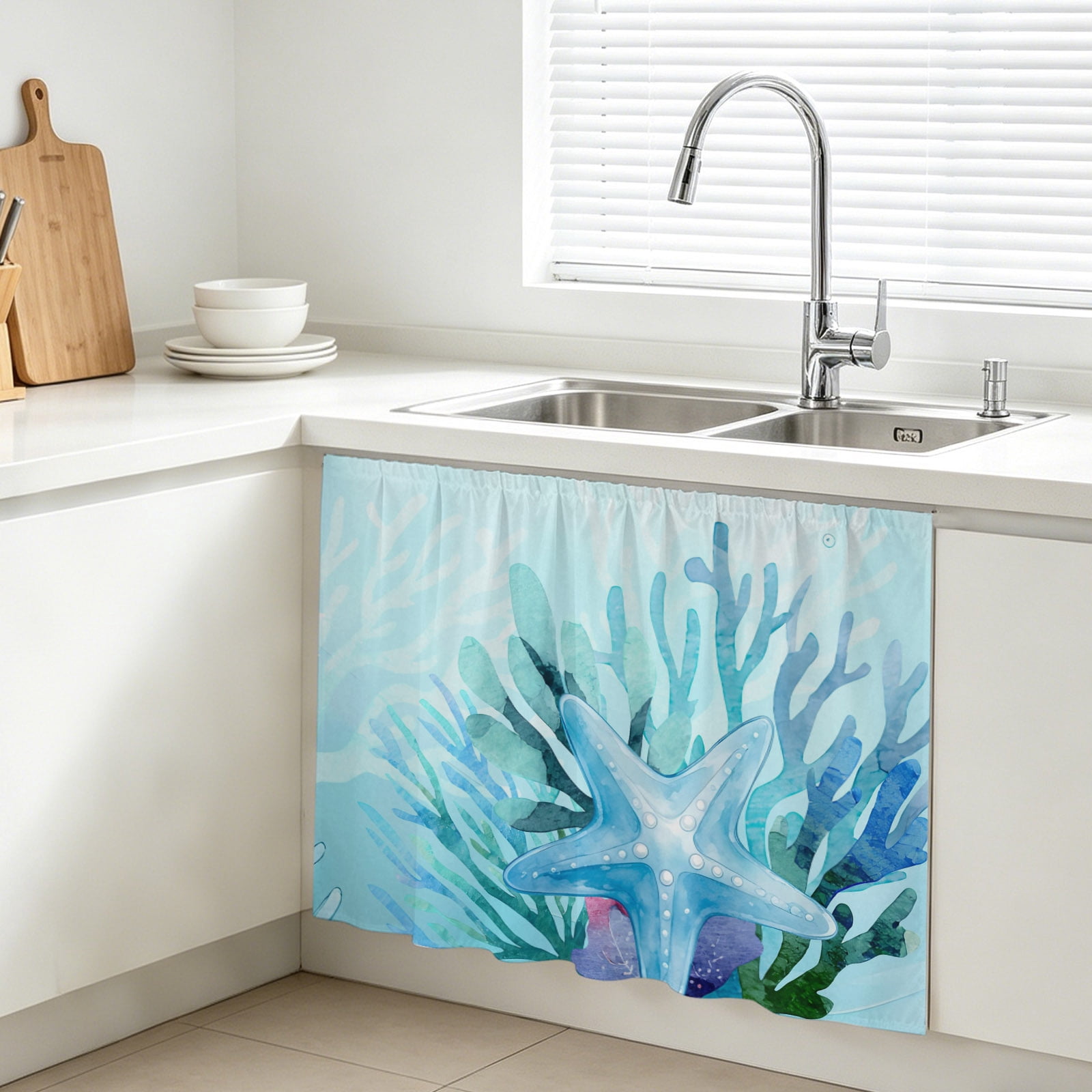 Blue Gradient Starfish Coral Cabinet Curtains for Kitchen 10