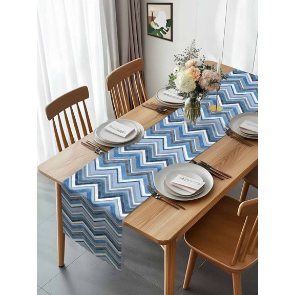 Blue Gradient Stripe Nordic Style Table Runner 13x70in Non-Slip Cotton Linen Table Runners, White Ripple Geometric Abstract Art Dresser Scarves TableRunner for Dinner Kitchen Dining Wedding Party