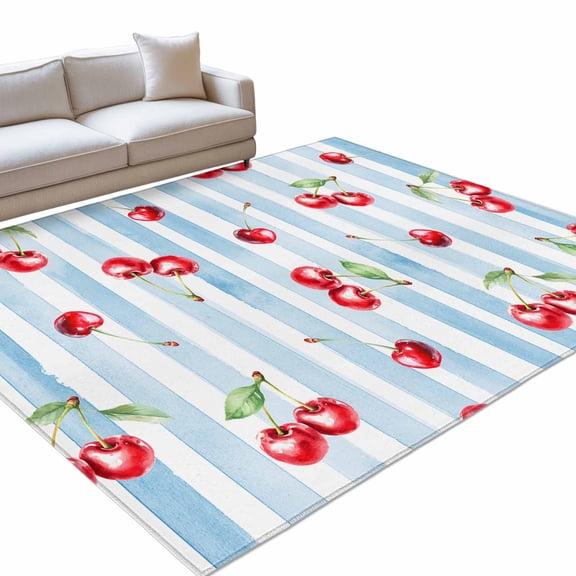 Blue Gradient Stripes Area Rugs 4x6ft Summer Red Cherry Fruit Floor Rug&nbsp;Non Slip Low Pile Ultra Soft Throw Carpet for Entryway Indoor Entrance Kitchen Bathroom
