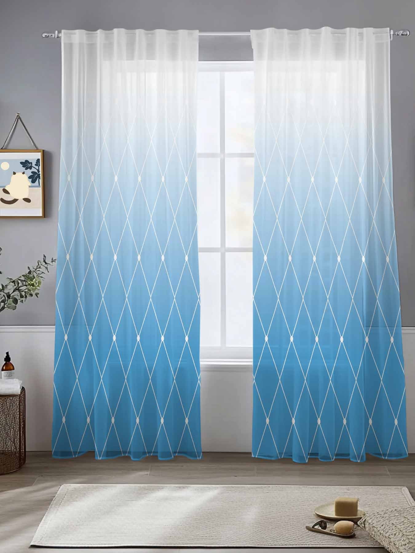 Blue Gradient Texture Sheer Curtains 96 Inches Long 2 Panels Rhombus ...