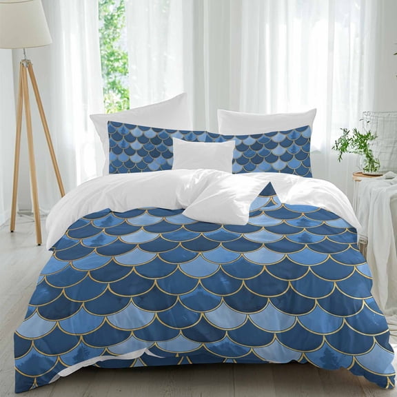 Blue Gradient Texture Soft Breathable Bedding Set with Pillow Shams Flat Sheet, Abstract Fish Scales Bed Comforter Cover Sets