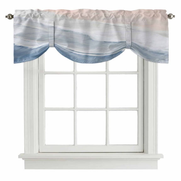 Blue Gradient Tie Up Valances Curtain, Sea Waves Sandy Beach Coastal Scenery Adjustable Rod Pocket Short Window Treatment Tie Up Curtains Valances for Kitchen Living Room Bathroom 54x18 Inches