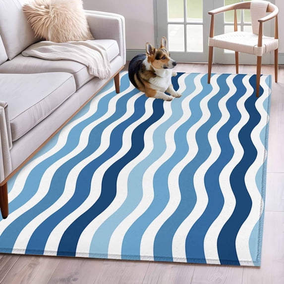 Blue Gradient Washable Area Rug 3x5 Water Ripple Striped Modern Low-Profile Large Area Rugs with Non Slip Backing Indoor Floor Carpet for Entrance Living Room Bedroom Home Office