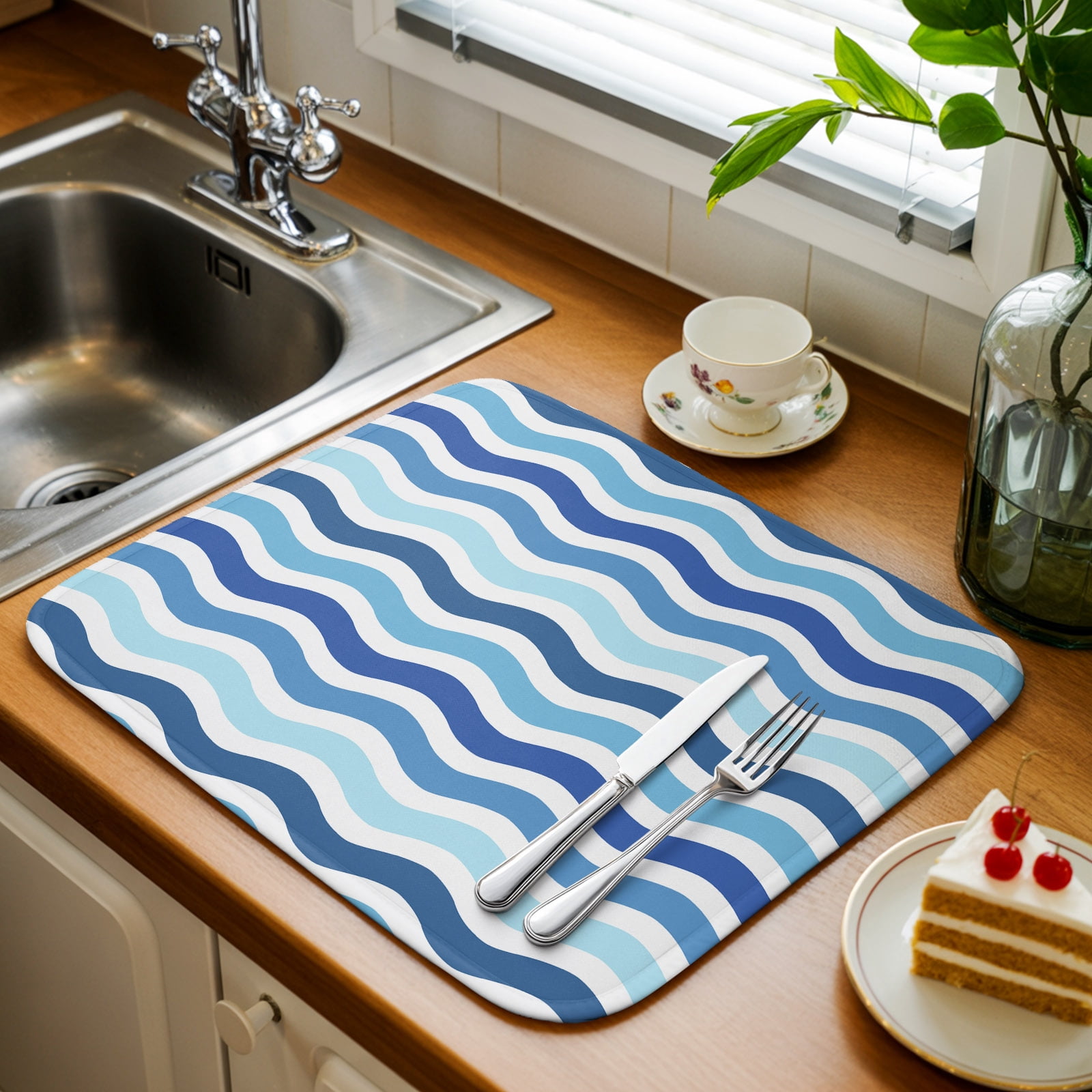 Water Riiples Blue Gradient Water Ripple Kitchen Drying Mat 2 Pack, Striped Absorbent ...