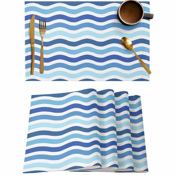 Blue Gradient Water Ripple Placemats Set of 4,Wipeable Washable Table Mats for Dining Tables,Summer Ocean Theme Place Mats for Kitchen Event Party Tabletop Decor