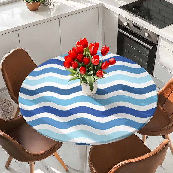 Blue Gradient Water Ripple Round Fitted Tablecloth with Elastic Edge,Waterproof Table Cloth Fits Tables Up to 36"-44",Wipeable Washable Table Cover for Indoor Outdoor Dinning Party,Summer Ocean Theme