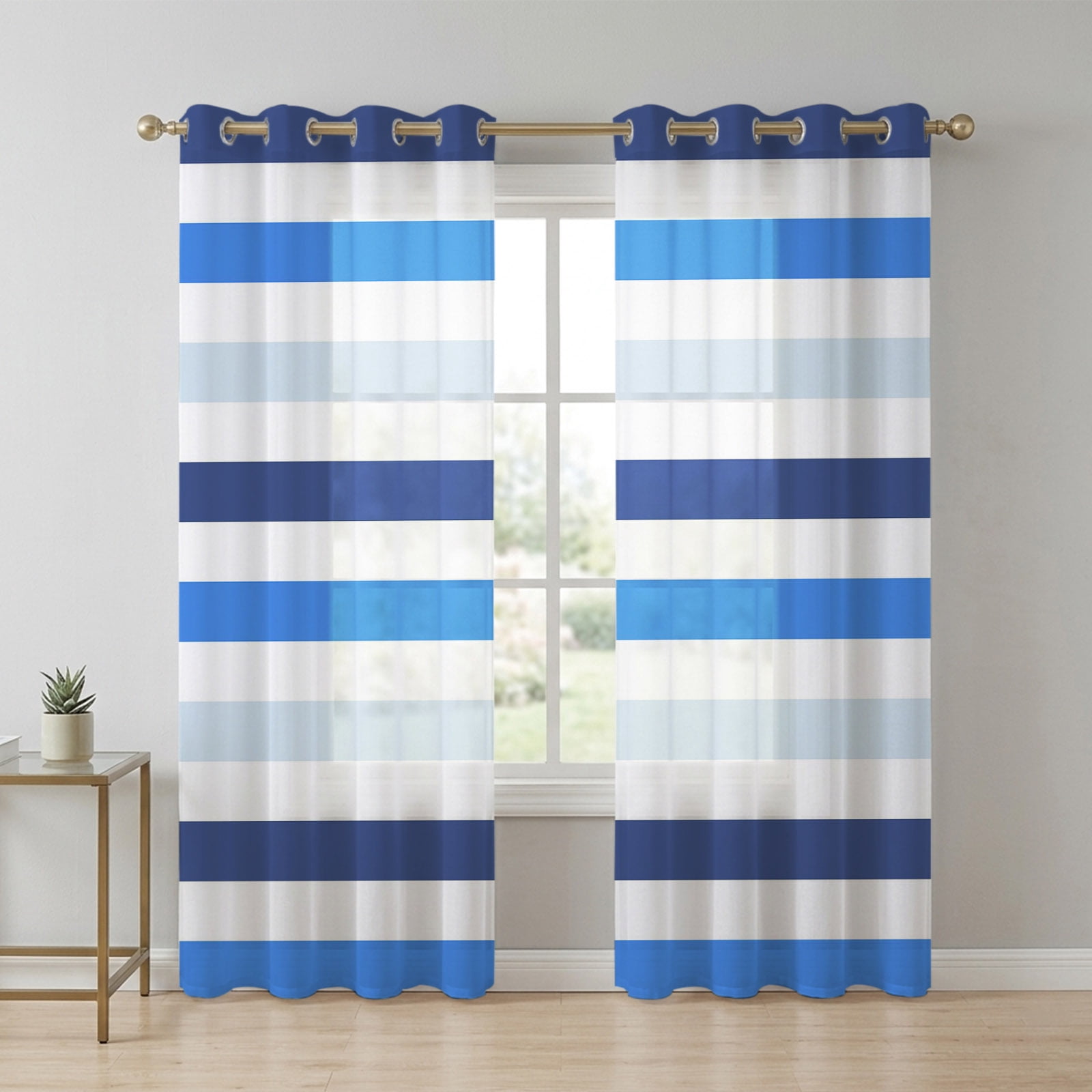 Blue Gradient White Striped Sheer Curtains 96 Inch Long 2 Panels ...