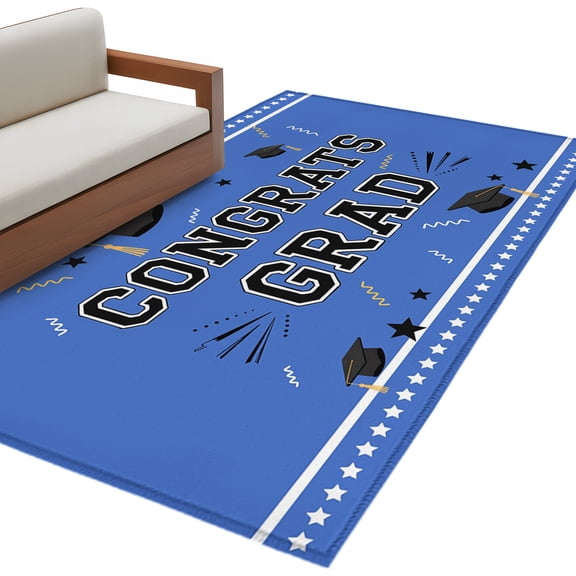 Blue Graduation Area Rug 4x6 Washable Rug Non Slip Stars Striped Graduation Cap Large Area Rug Indoor Floor Carpet for Entryway Bedroom Kitchen Living Room Home Office Dining Room Nursery