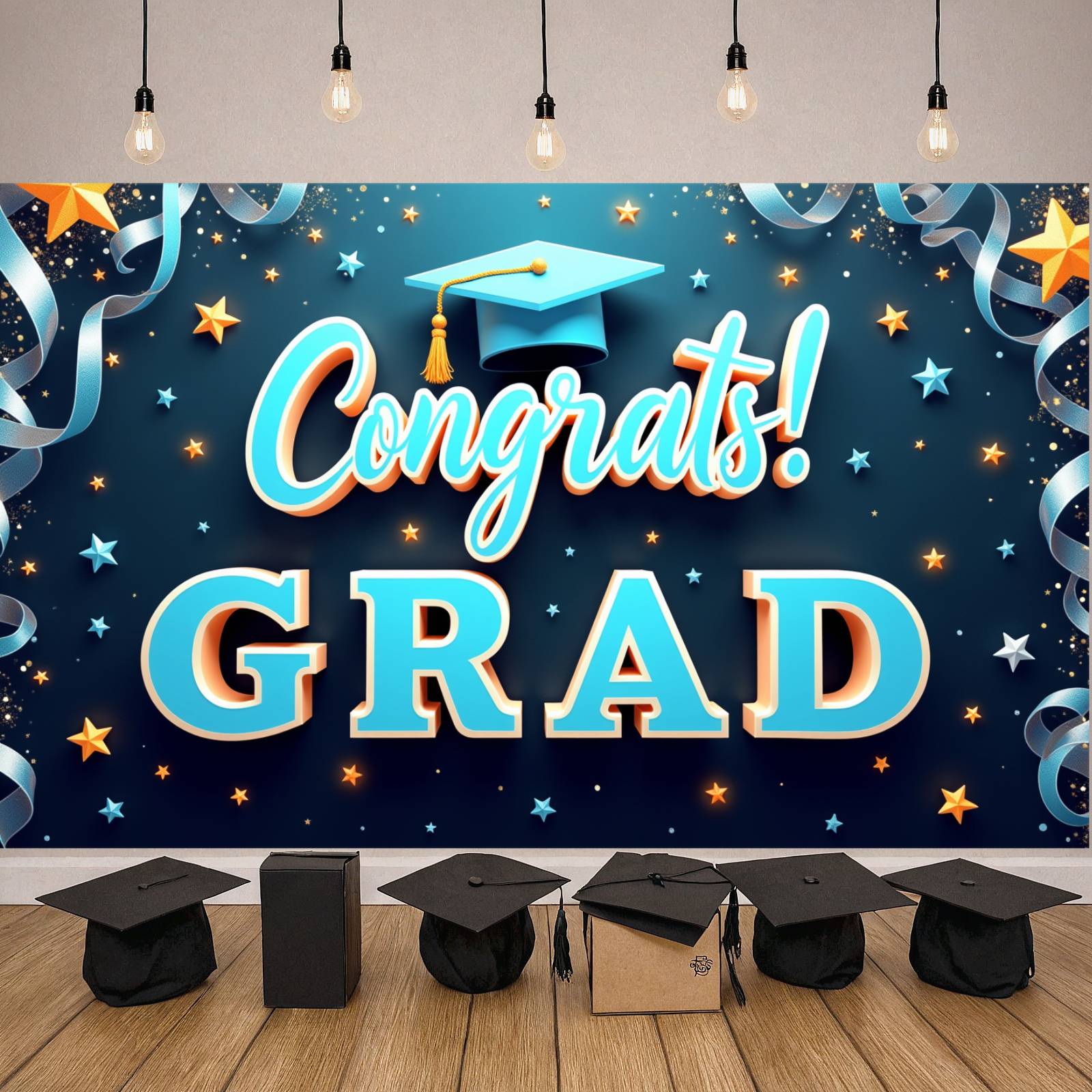 Grad Display Blue Graduation Banner 3D Letters Congrats Grad Display Gold Stars ...