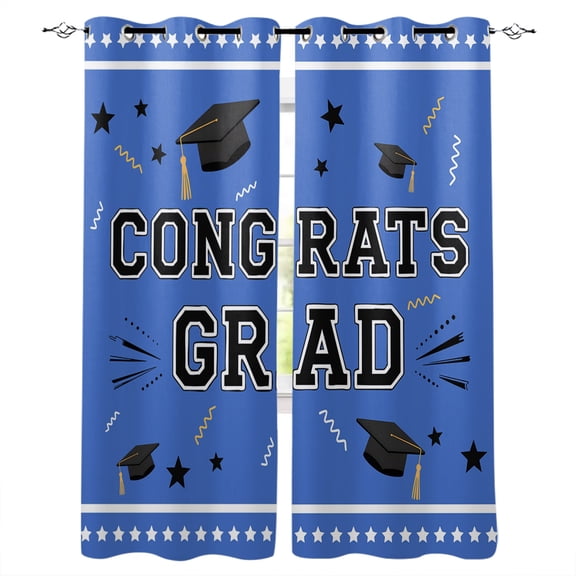 Blue Graduation Blackout Curtains for Bedroom Living Room Darkening Curtains 63 Inches Long Stars Striped Graduation Cap Window Curtain 2 Panels Set Insulated Window Treatment Grommet Drapes 42"x63"