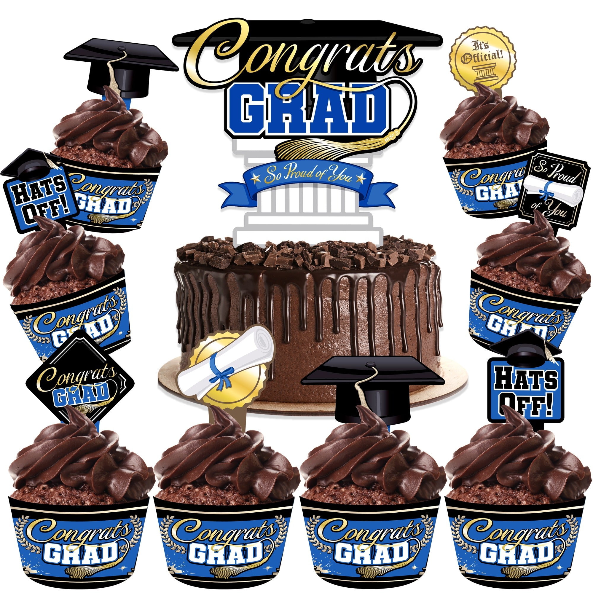 Blue Graduation Cake Topper & Blue Graduation Cupcake Toppers Kit
